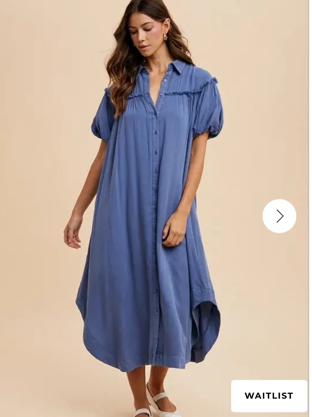 Annie Wear Mineral Washed Button Down Puff Sleeve Shirt Dress blue large